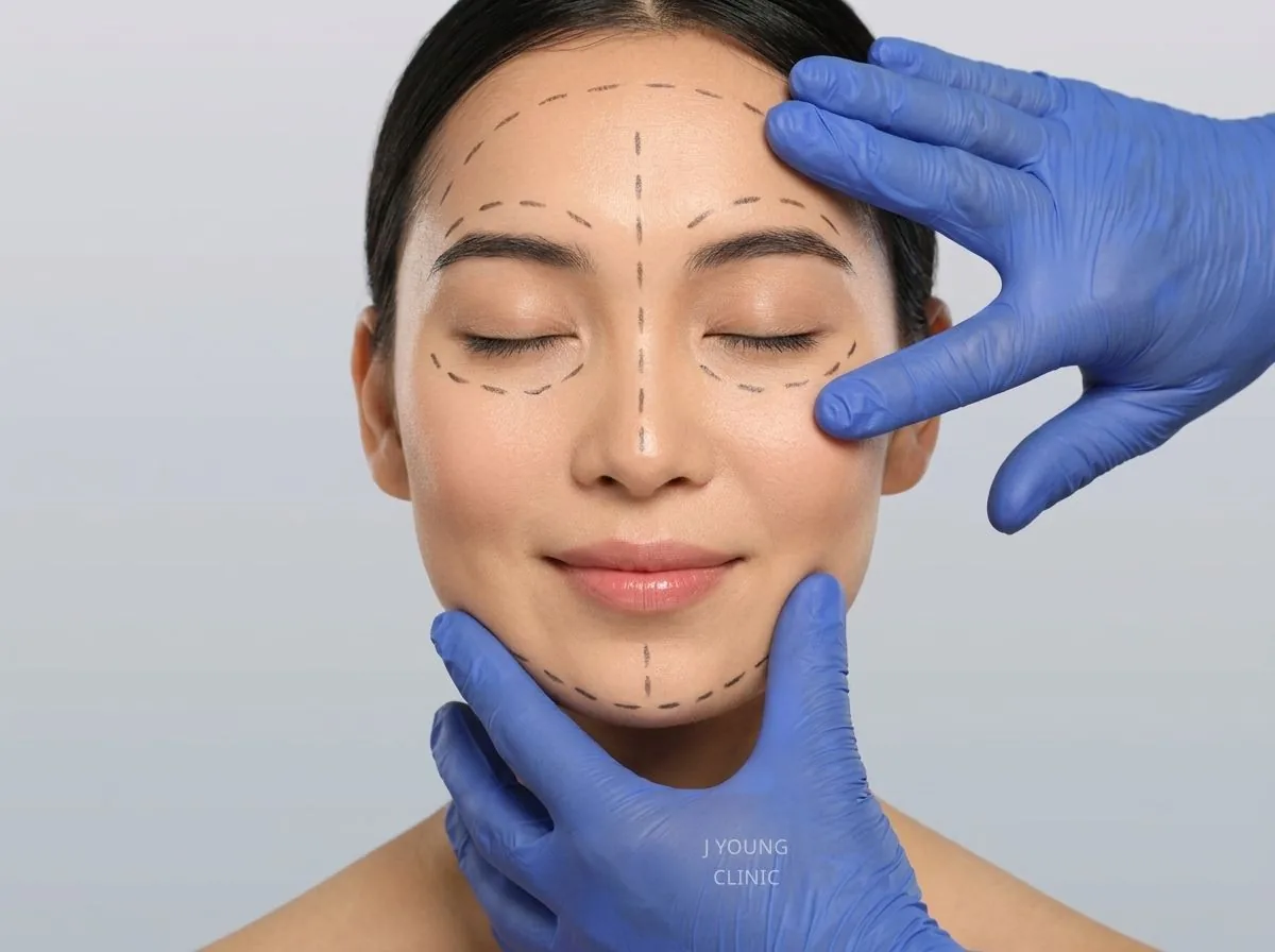 ภาพประกอบแพทย์ประเมินใบหน้าโดยมีเส้นแบ่งสัดส่วนบนผิว